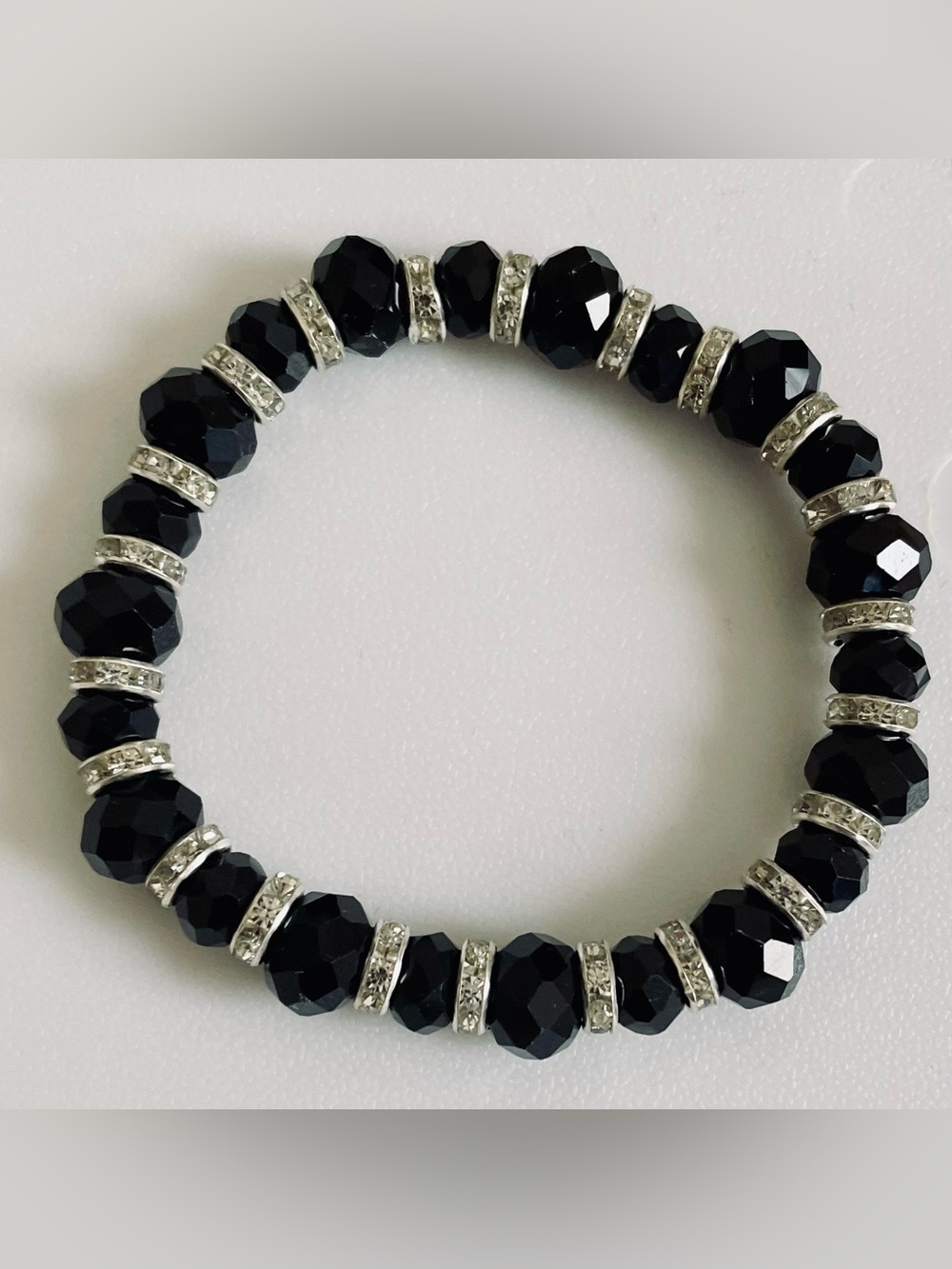 * Czech Crystal Black Opaque Bracelet 7”-8” stretchy NEW